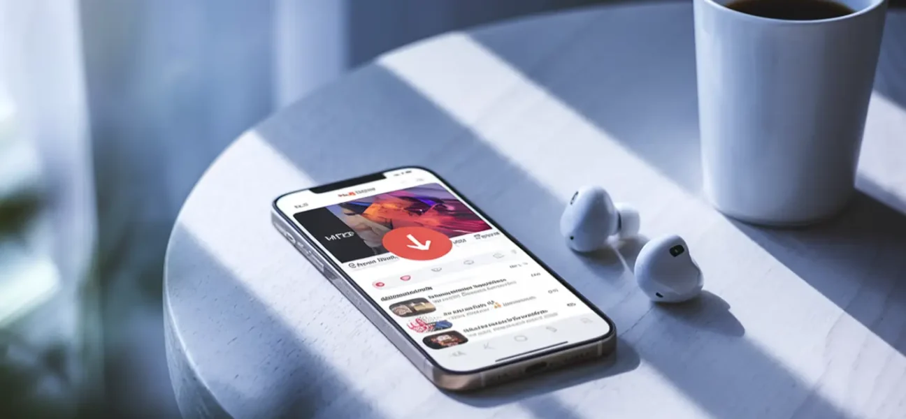 Pametni telefon na beli mizi z odprto aplikacijo YouTube in vidno ikono za prenos glasbe. Ob telefonu sta brezžični slušalki in skodelica kave, sončna svetloba pa osvetljuje prizor