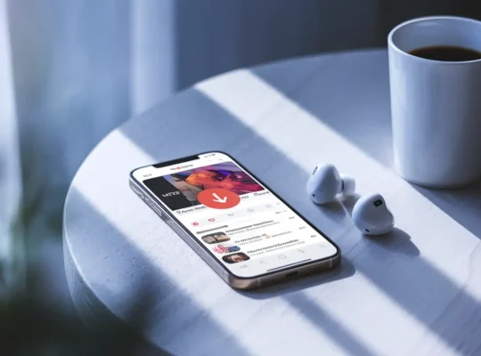 Pametni telefon na beli mizi z odprto aplikacijo YouTube in vidno ikono za prenos glasbe. Ob telefonu sta brezžični slušalki in skodelica kave, sončna svetloba pa osvetljuje prizor