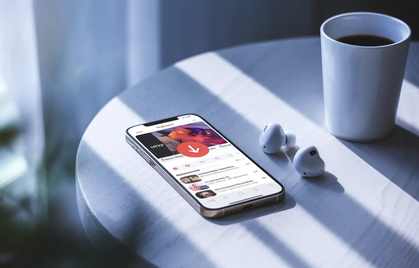 Pametni telefon na beli mizi z odprto aplikacijo YouTube in vidno ikono za prenos glasbe. Ob telefonu sta brezžični slušalki in skodelica kave, sončna svetloba pa osvetljuje prizor