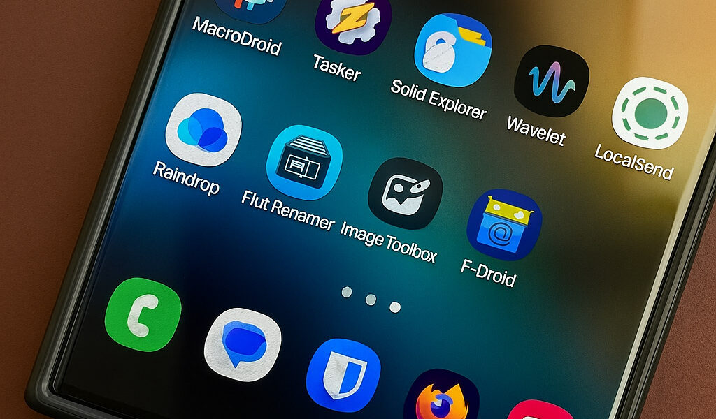 Zaslon Android telefona z izbranimi android aplikacijami za produktivnost, kot so MacroDroid, Tasker, Solid Explorer in Raindrop.