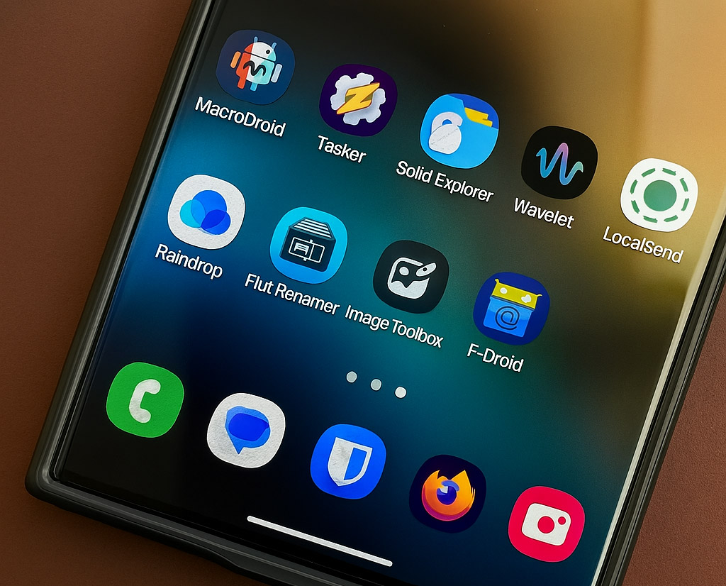 Zaslon Android telefona z izbranimi android aplikacijami za produktivnost, kot so MacroDroid, Tasker, Solid Explorer in Raindrop.
