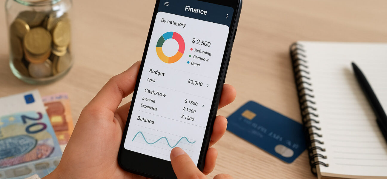 Oseba uporablja android aplikacijo za finance na pametnem telefonu, na zaslonu je prikazan proračun z grafi, ob njej pa so evrski bankovci, kovanci in kreditna kartica.