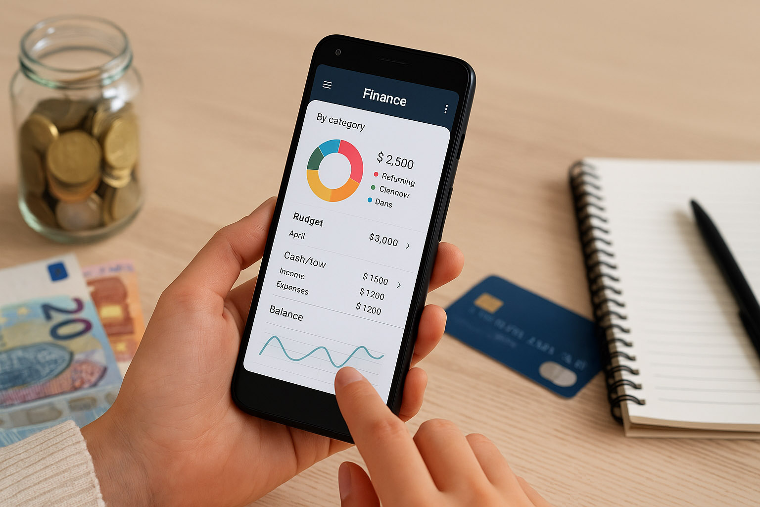 Oseba uporablja android aplikacijo za finance na pametnem telefonu, na zaslonu je prikazan proračun z grafi, ob njej pa so evrski bankovci, kovanci in kreditna kartica.