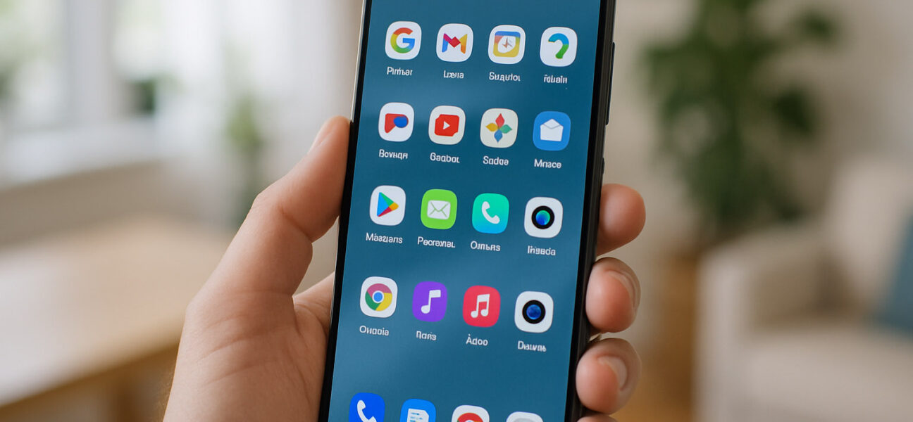 Pametni telefon z najboljšimi Android aplikacijami leta 2025 v roki, prikazuje pisane ikone priljubljenih aplikacij v sodobnem domačem okolju.