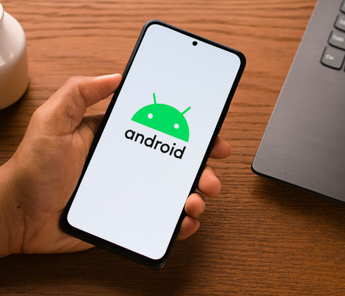 Android telefon z dolgo podporo prikazan v roki z Android logotipom na zaslonu, ob prenosniku na leseni mizi.