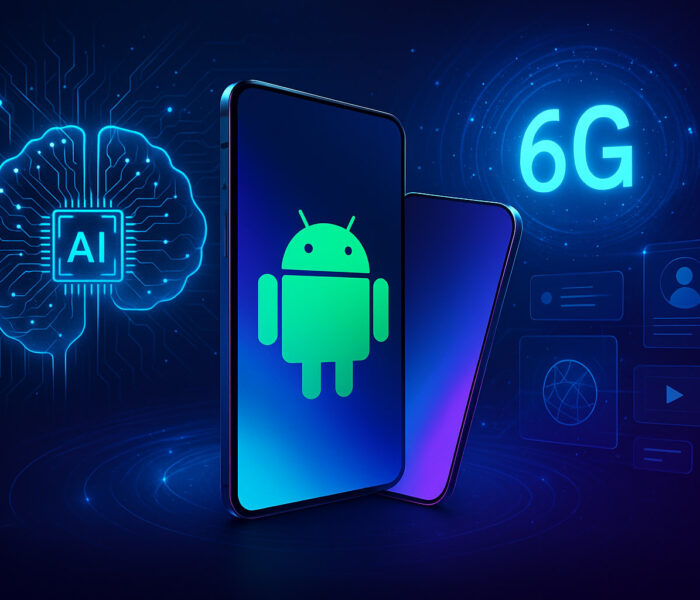 Ilustracija, ki prikazuje prihodnost Android tehnologije z zložljivim pametnim telefonom, simbolom umetne inteligence, 6G povezljivostjo in AR ikonami v futurističnem digitalnem okolju.