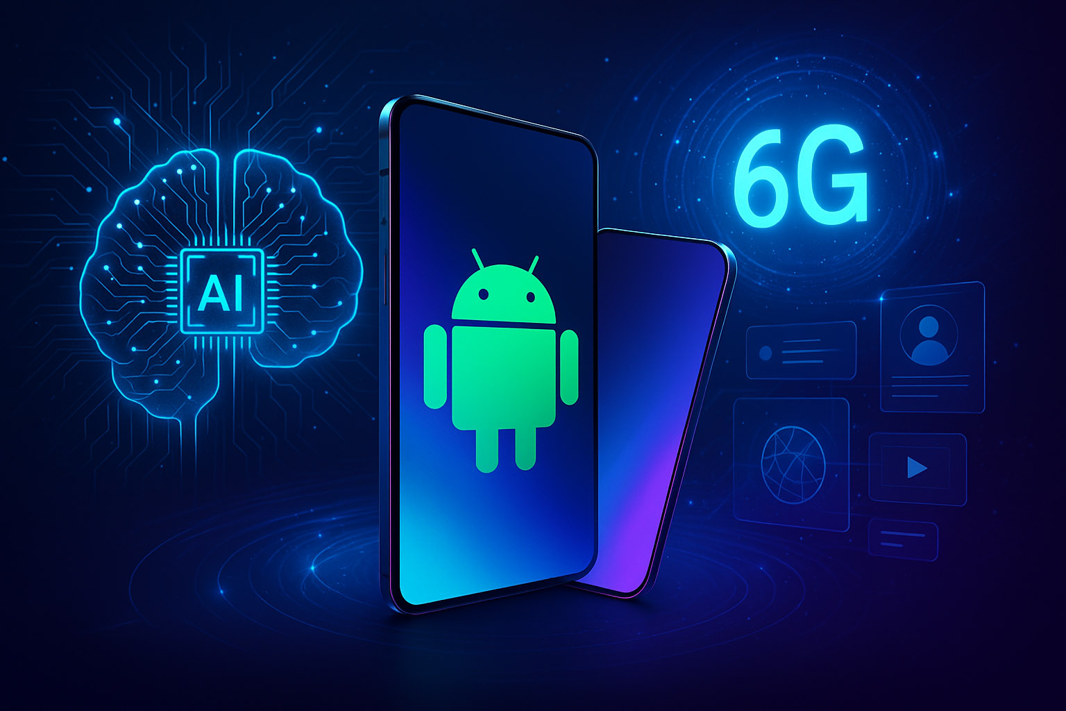 Ilustracija, ki prikazuje prihodnost Android tehnologije z zložljivim pametnim telefonom, simbolom umetne inteligence, 6G povezljivostjo in AR ikonami v futurističnem digitalnem okolju.