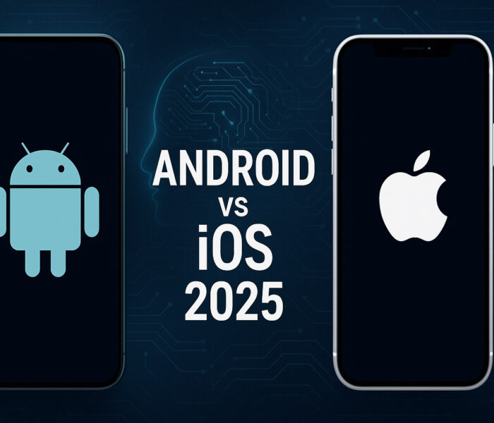 Vizualna primerjava Android vs iOS 2025 z logotipoma obeh operacijskih sistemov na pametnih telefonih in umetno inteligenco v ozadju.