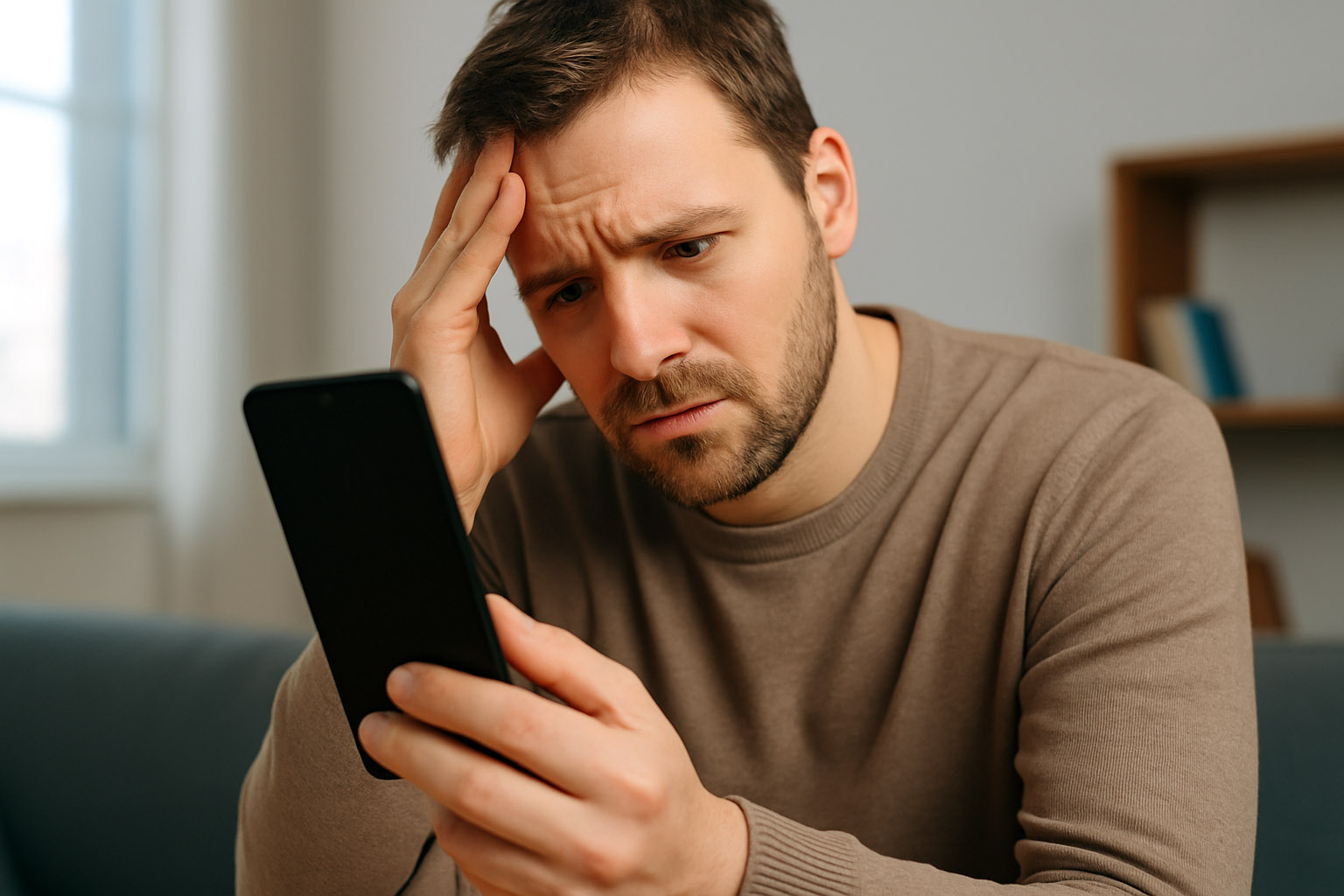 Moški zaskrbljeno gleda črn zaslon pametnega telefona, ker se njegov Android ne vklopi.