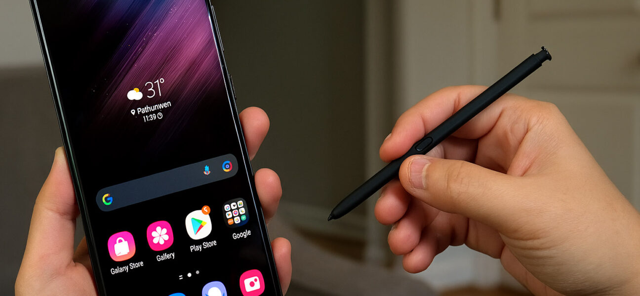 Uporabnik drži pametni telefon z Android operacijskim sistemom in digitalno pisalo, kar simbolizira uporabo aplikacije za beleženje na mobilni napravi.