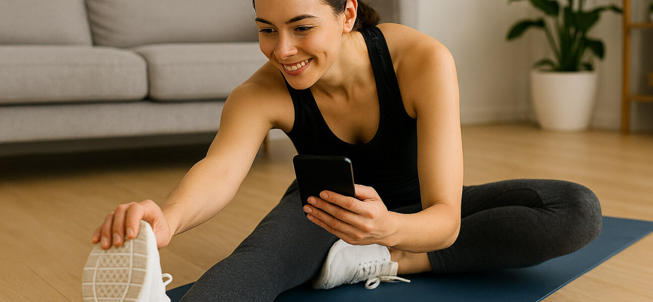 Mlada ženska v športni opremi uporablja android aplikacijo za fitnes med raztezanjem na modri blazini v svetli domači dnevni sobi.