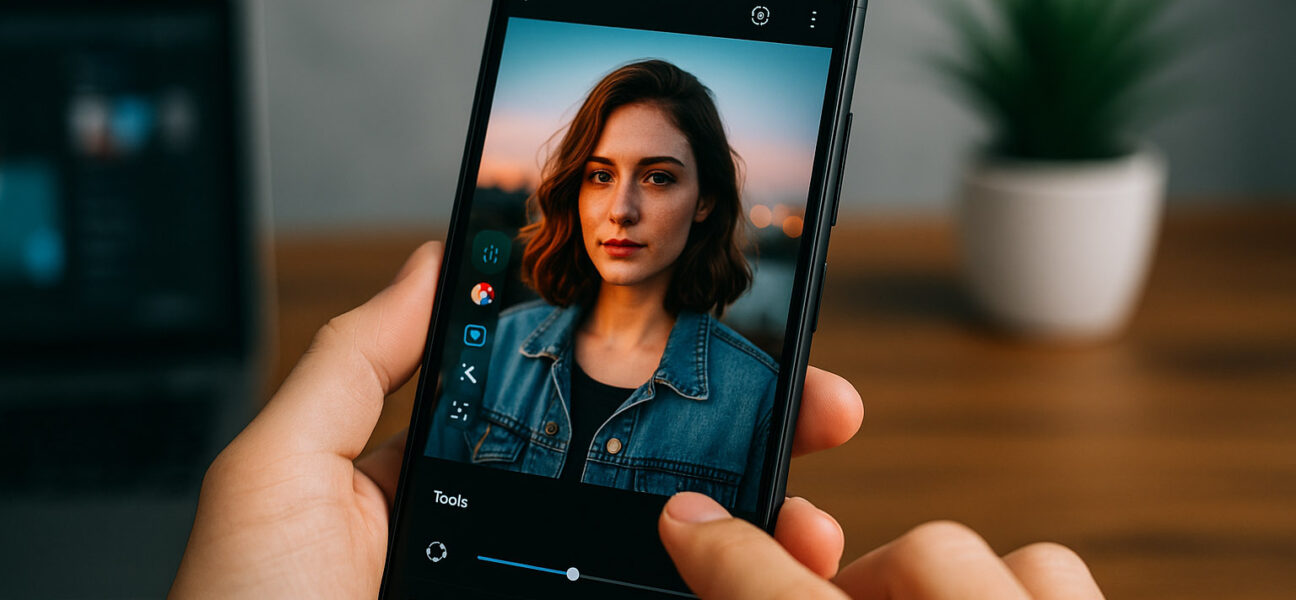 Urejanje portretne fotografije na Android telefonu z uporabo aplikacije za urejanje fotografij.
