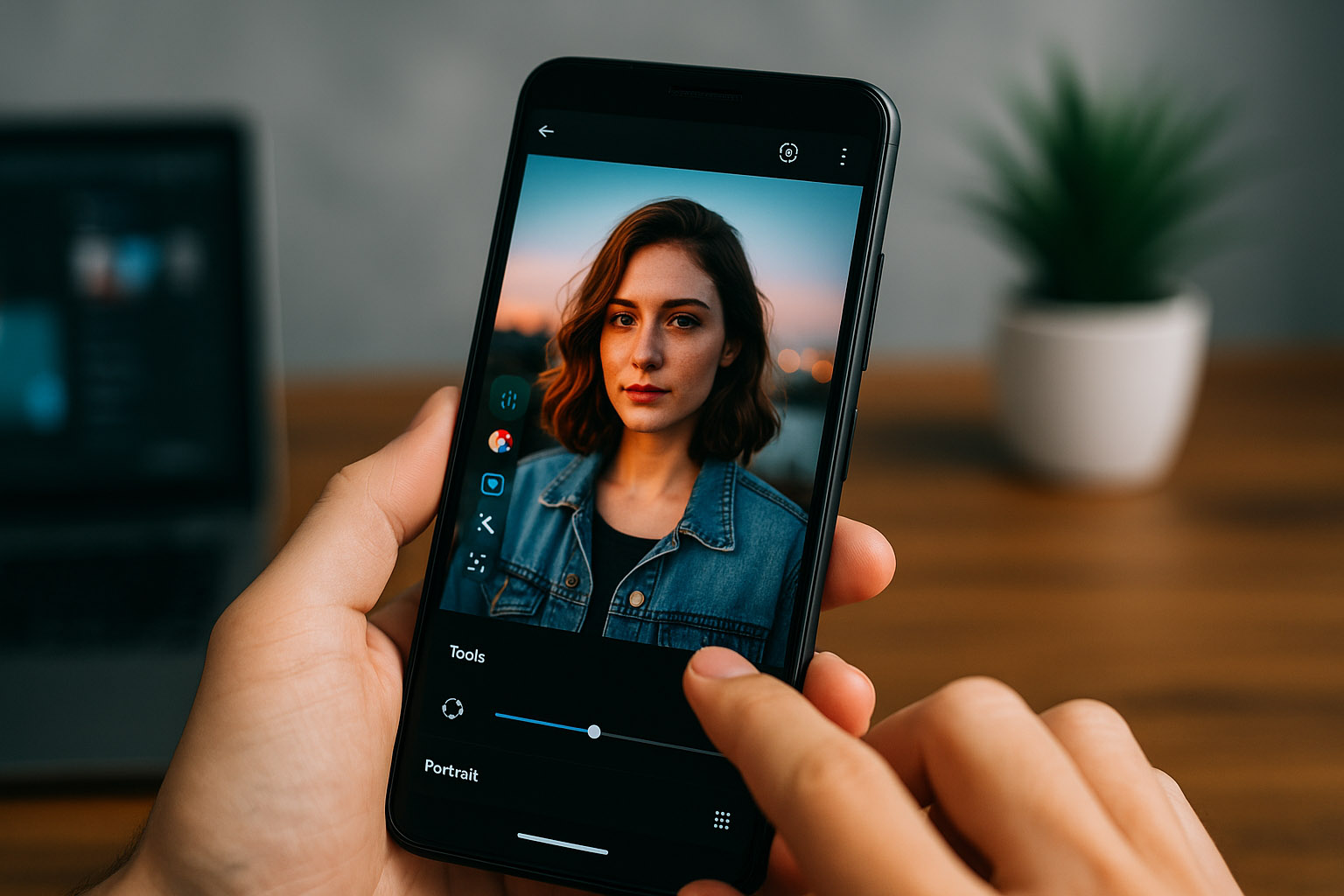 Urejanje portretne fotografije na Android telefonu z uporabo aplikacije za urejanje fotografij.