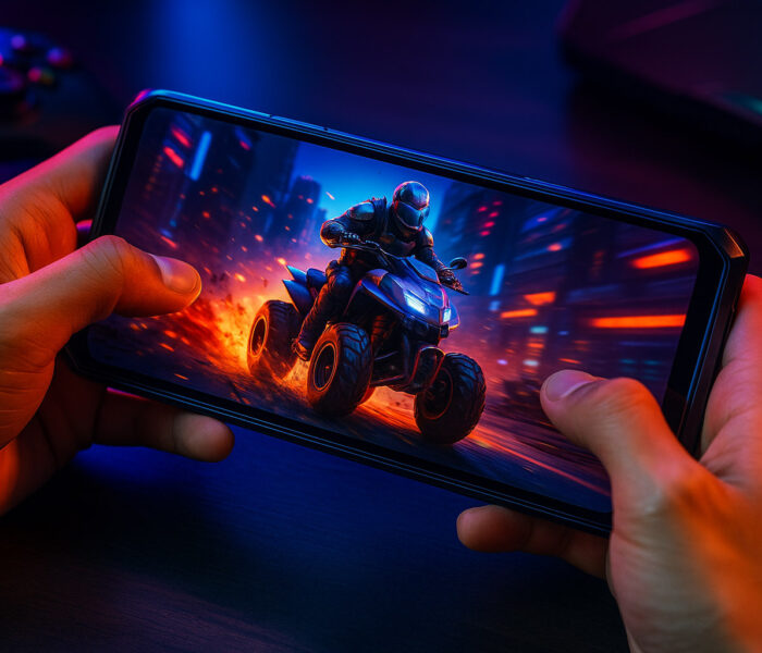 Pametni telefon z Androidom za igre med igranjem dirkalne igre v futurističnem ambientu z živahnimi neonskimi barvami.