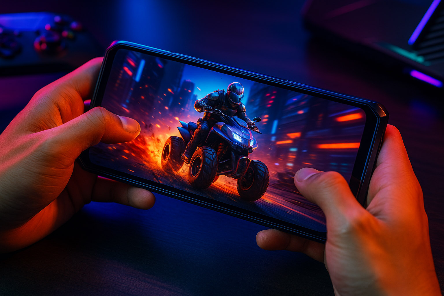 Pametni telefon z Androidom za igre med igranjem dirkalne igre v futurističnem ambientu z živahnimi neonskimi barvami.