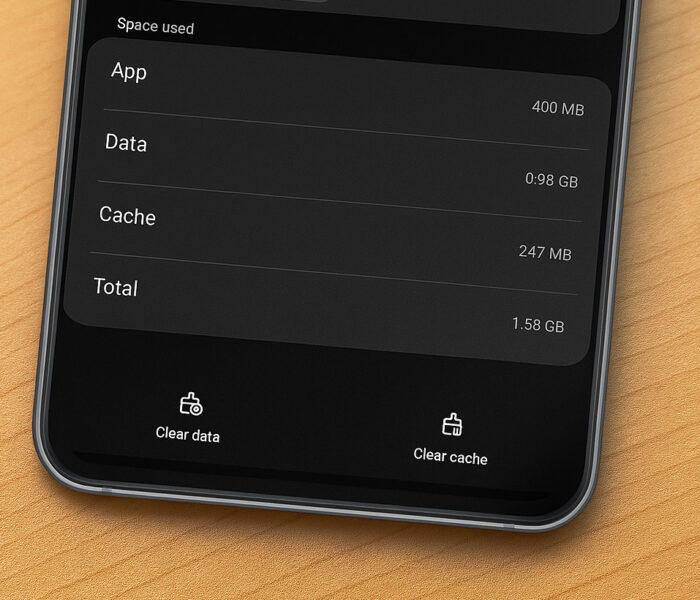 Zaslon Android telefona prikazuje možnosti za čiščenje predpomnilnika (predpomnilnik android) in podatkov aplikacije, s poudarkom na gumbu “Clear cache”.
