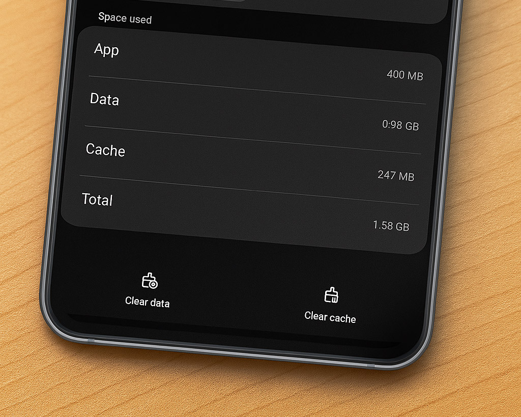 Zaslon Android telefona prikazuje možnosti za čiščenje predpomnilnika (predpomnilnik android) in podatkov aplikacije, s poudarkom na gumbu “Clear cache”.
