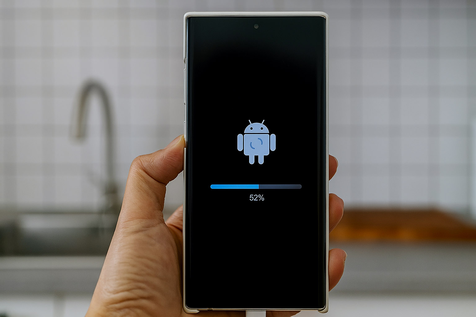 Posodobitev Android telefona na 52 odstotkih v kuhinji – roka drži pametni telefon s prikazanim napredkom Android posodobitve.