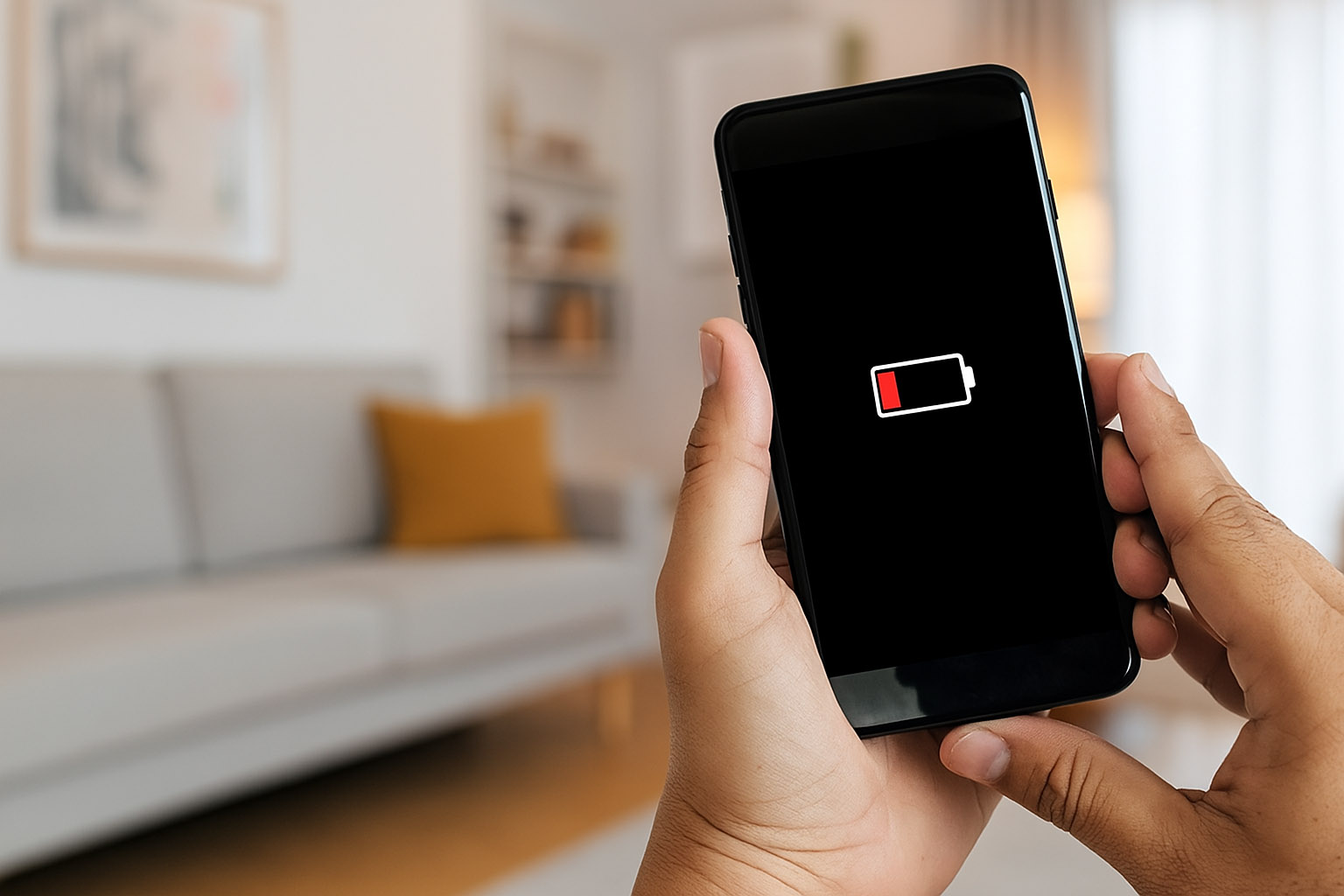 Oseba drži Android telefon z opozorilom o skoraj prazni bateriji – android baterija težava