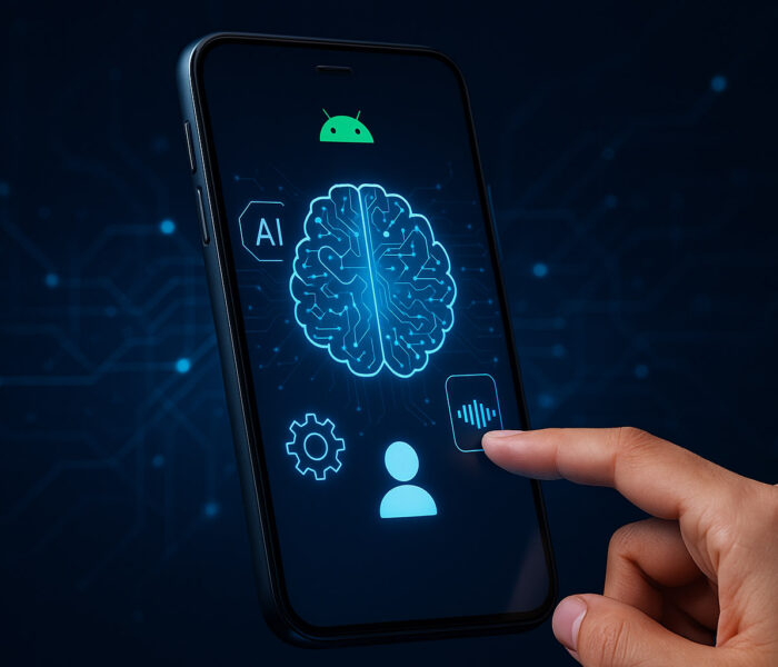 Umetna inteligenca Android naprave prikazana z digitalnim možganom na zaslonu pametnega telefona in ikono AI v sodobnem tehnološkem ozadju.