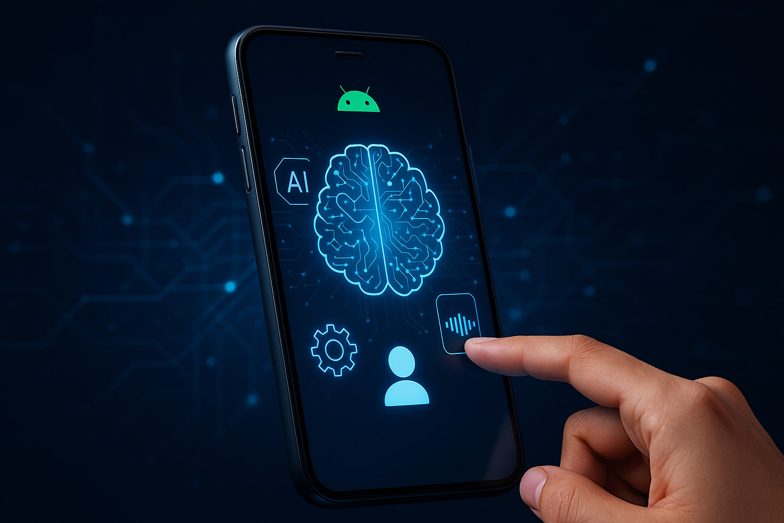 Umetna inteligenca Android naprave prikazana z digitalnim možganom na zaslonu pametnega telefona in ikono AI v sodobnem tehnološkem ozadju.