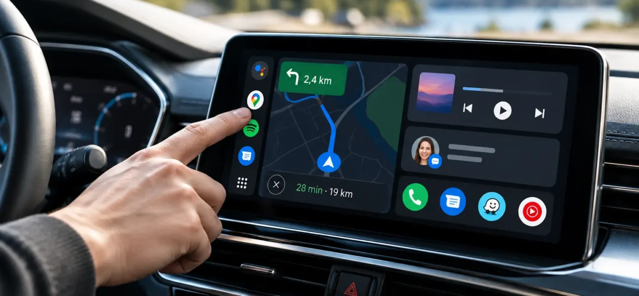 Android Auto na zaslonu avtomobila z Google Maps, glasbo in sporočili