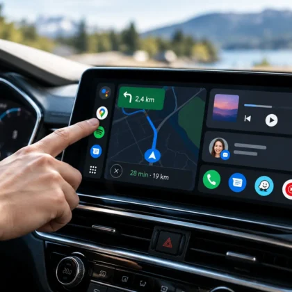 Android Auto na zaslonu avtomobila z Google Maps, glasbo in sporočili