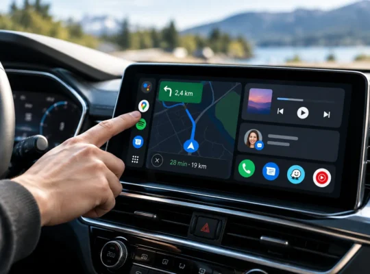 Android Auto na zaslonu avtomobila z Google Maps, glasbo in sporočili