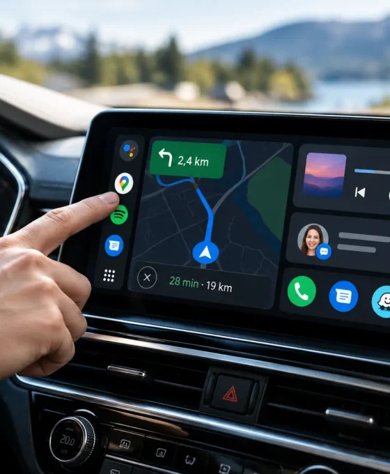 Android Auto na zaslonu avtomobila z Google Maps, glasbo in sporočili