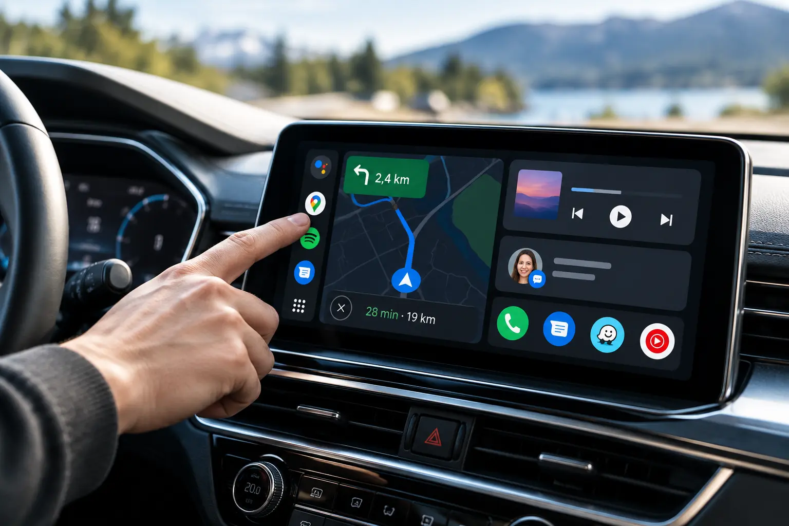 Android Auto na zaslonu avtomobila z Google Maps, glasbo in sporočili