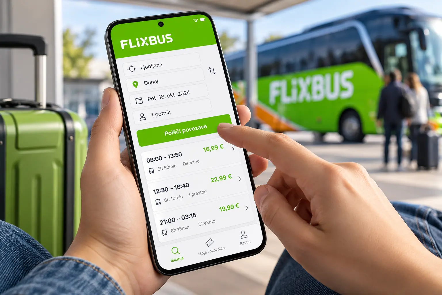 Nakup FlixBus vozovnice v aplikaciji na telefonu