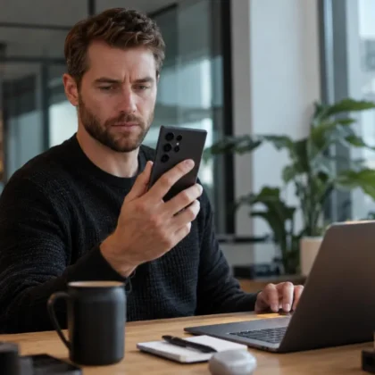 Moški v moderni pisarni pregleduje pametni telefon Samsung Galaxy S26 Ultra.