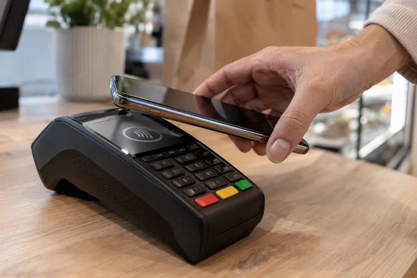 Bližnji posnetek pametnega telefona med brezstičnim NFC plačilom na črnem POS terminalu v trgovini.