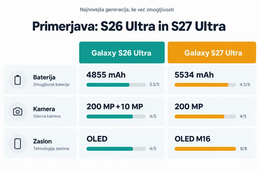 Infografika s primerjavo specifikacij med Samsung Galaxy S26 Ultra in S27 Ultra.