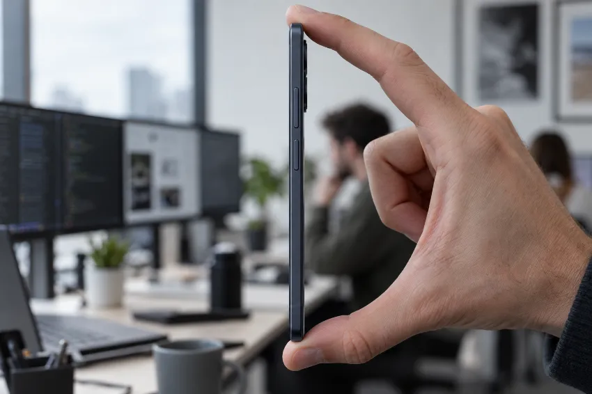 Od blizu prikazan izjemno tanek stranski profil telefona Samsung Galaxy A57 v roki.