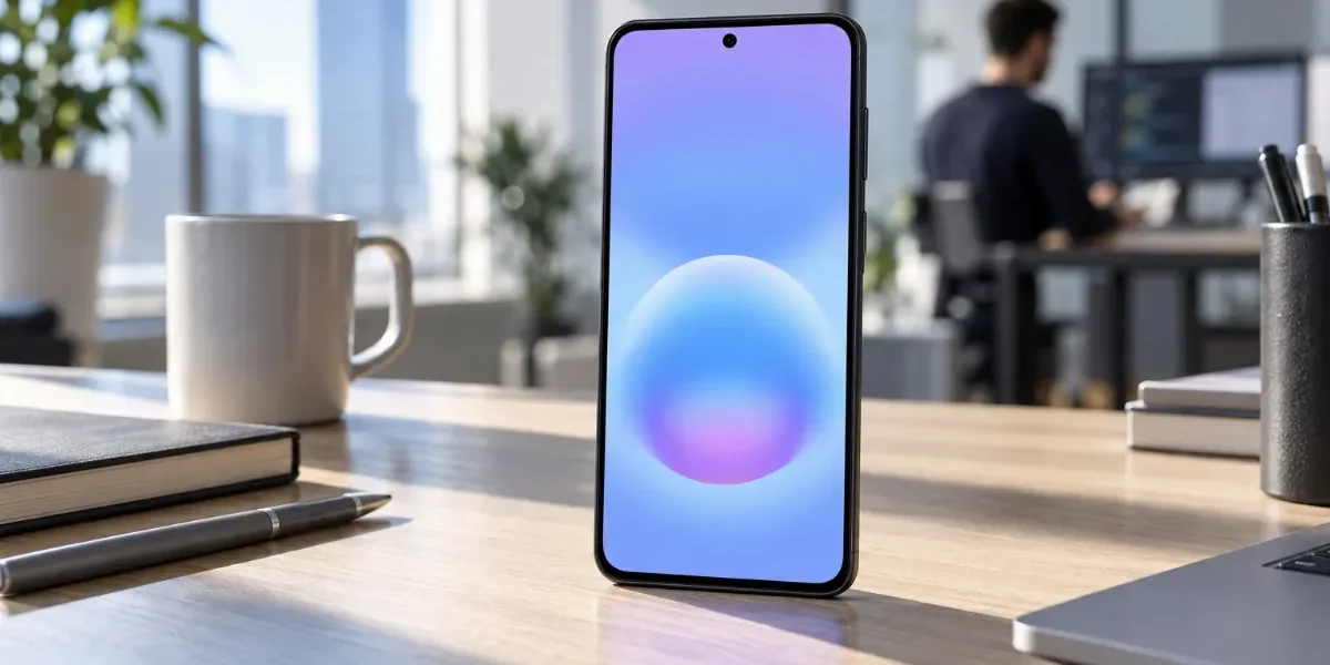 Pametni telefon Samsung Galaxy A57 od spredaj na moderni pisalni mizi v svetli pisarni.