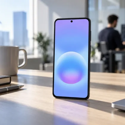 Pametni telefon Samsung Galaxy A57 od spredaj na moderni pisalni mizi v svetli pisarni.