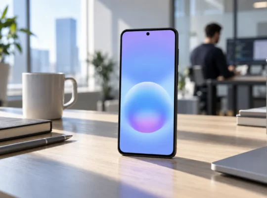 Pametni telefon Samsung Galaxy A57 od spredaj na moderni pisalni mizi v svetli pisarni.