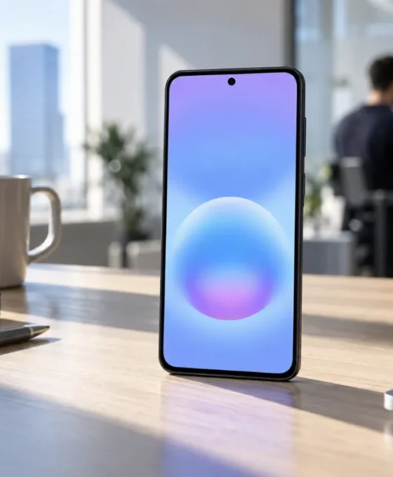 Pametni telefon Samsung Galaxy A57 od spredaj na moderni pisalni mizi v svetli pisarni.