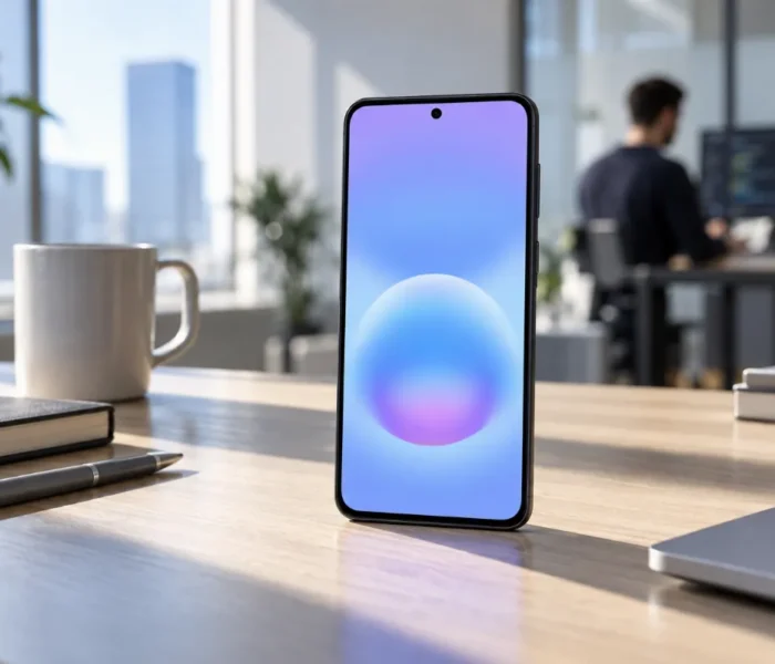 Pametni telefon Samsung Galaxy A57 od spredaj na moderni pisalni mizi v svetli pisarni.