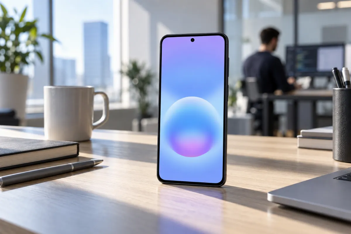 Pametni telefon Samsung Galaxy A57 od spredaj na moderni pisalni mizi v svetli pisarni.