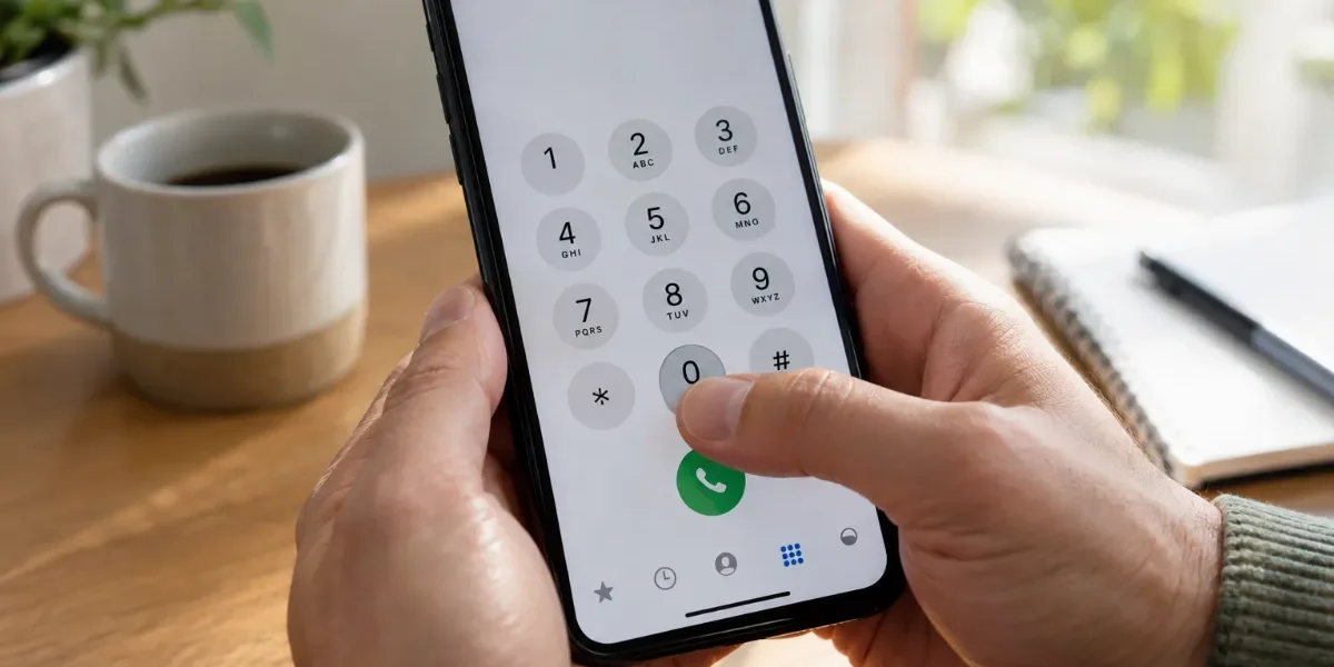 Bližnji posnetek palca, ki na pametnem telefonu drži tipko 0 za vnos znaka plus.