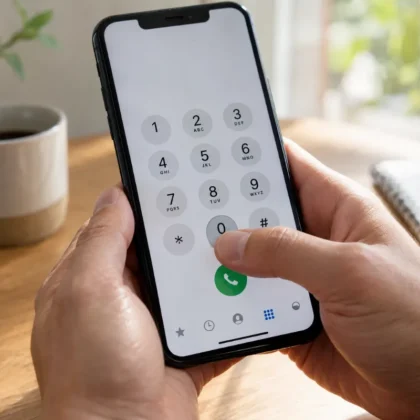 Bližnji posnetek palca, ki na pametnem telefonu drži tipko 0 za vnos znaka plus.