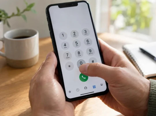Bližnji posnetek palca, ki na pametnem telefonu drži tipko 0 za vnos znaka plus.