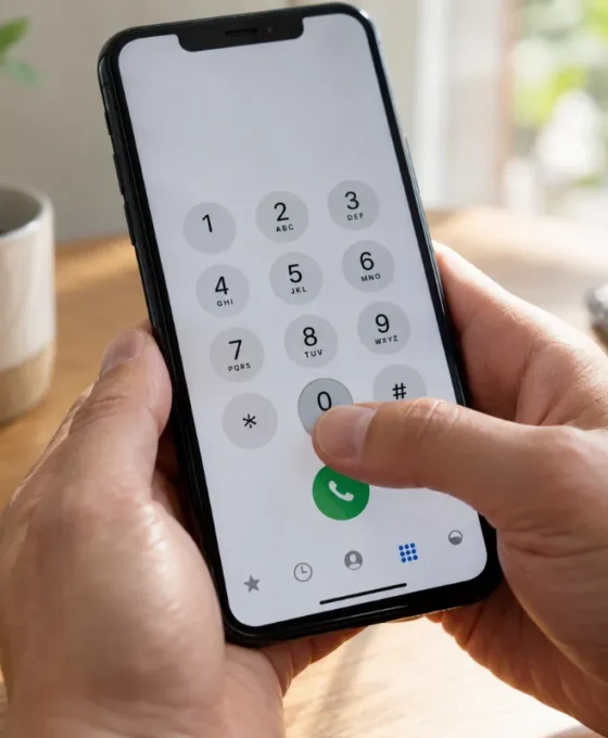 Bližnji posnetek palca, ki na pametnem telefonu drži tipko 0 za vnos znaka plus.