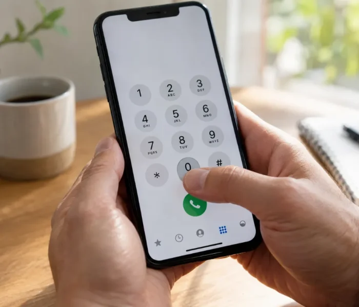 Bližnji posnetek palca, ki na pametnem telefonu drži tipko 0 za vnos znaka plus.