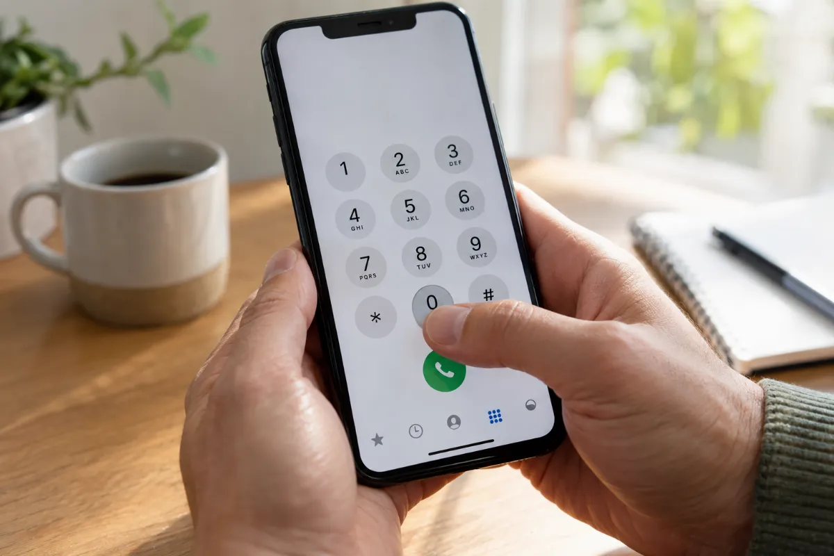 Bližnji posnetek palca, ki na pametnem telefonu drži tipko 0 za vnos znaka plus.