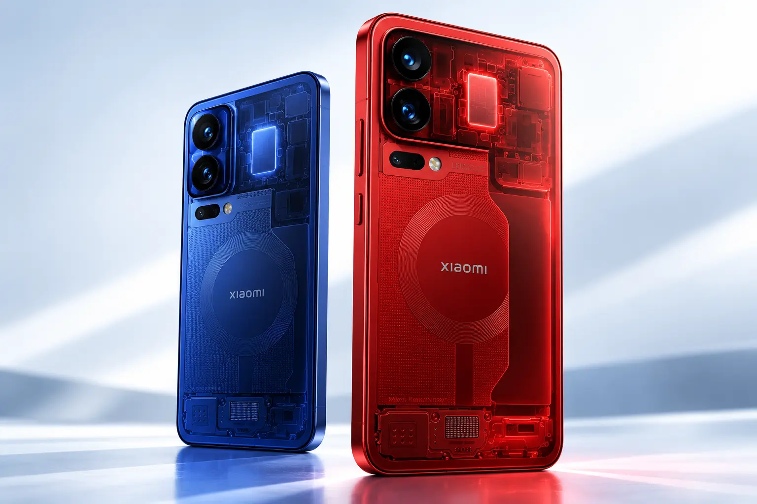 Xiaomi 18 Pro Max in Xiaomi 18 Pro v prosojni zasnovi z vidnimi notranjimi komponentami