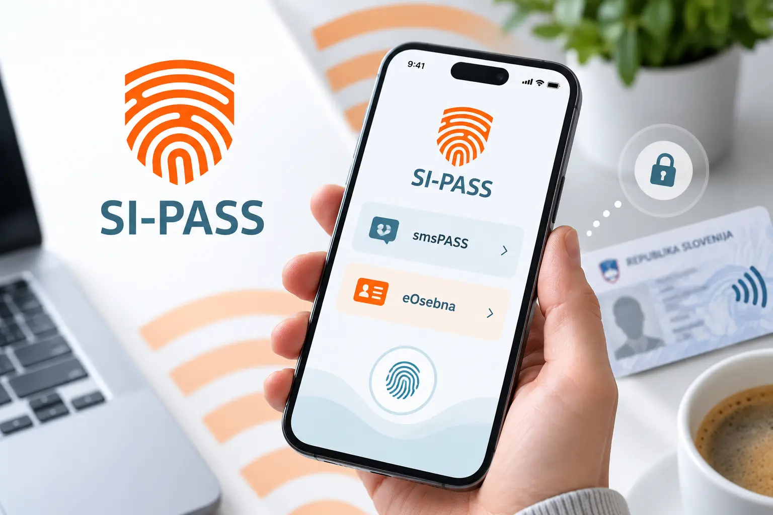 Ilustracija mobilne prijave v SI-PASS na telefonu z možnostma smsPASS in eOsebna za varen dostop do slovenskih e-storitev