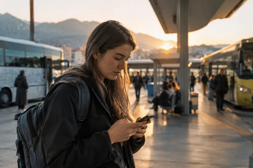 Popotnik z Android telefonom na avtobusni postaji med potovanjem zunaj EU
